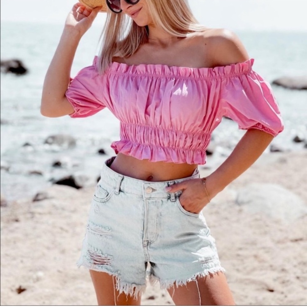 Zara pink crop off the shoulder poplin top